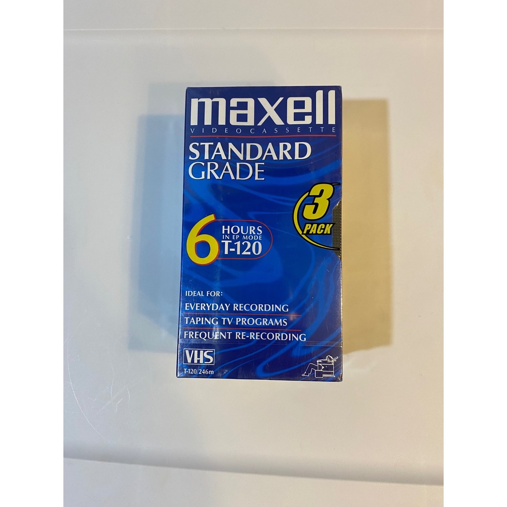 Maxell Standard Grade T-120 VHS Blank Video Cassette Tape 3 Pack Factory Sealed‎